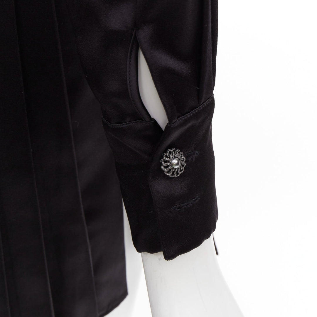 CHANEL black 100% silk pocketed gun flap pleated tunic shirt dress FR34 XS
