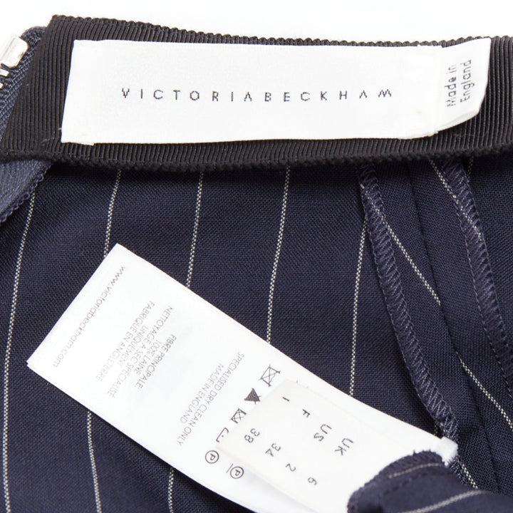 VICTORIA BECKHAM 100% wool navy pinstriped 2-way zip pencil skirt UK6 XS