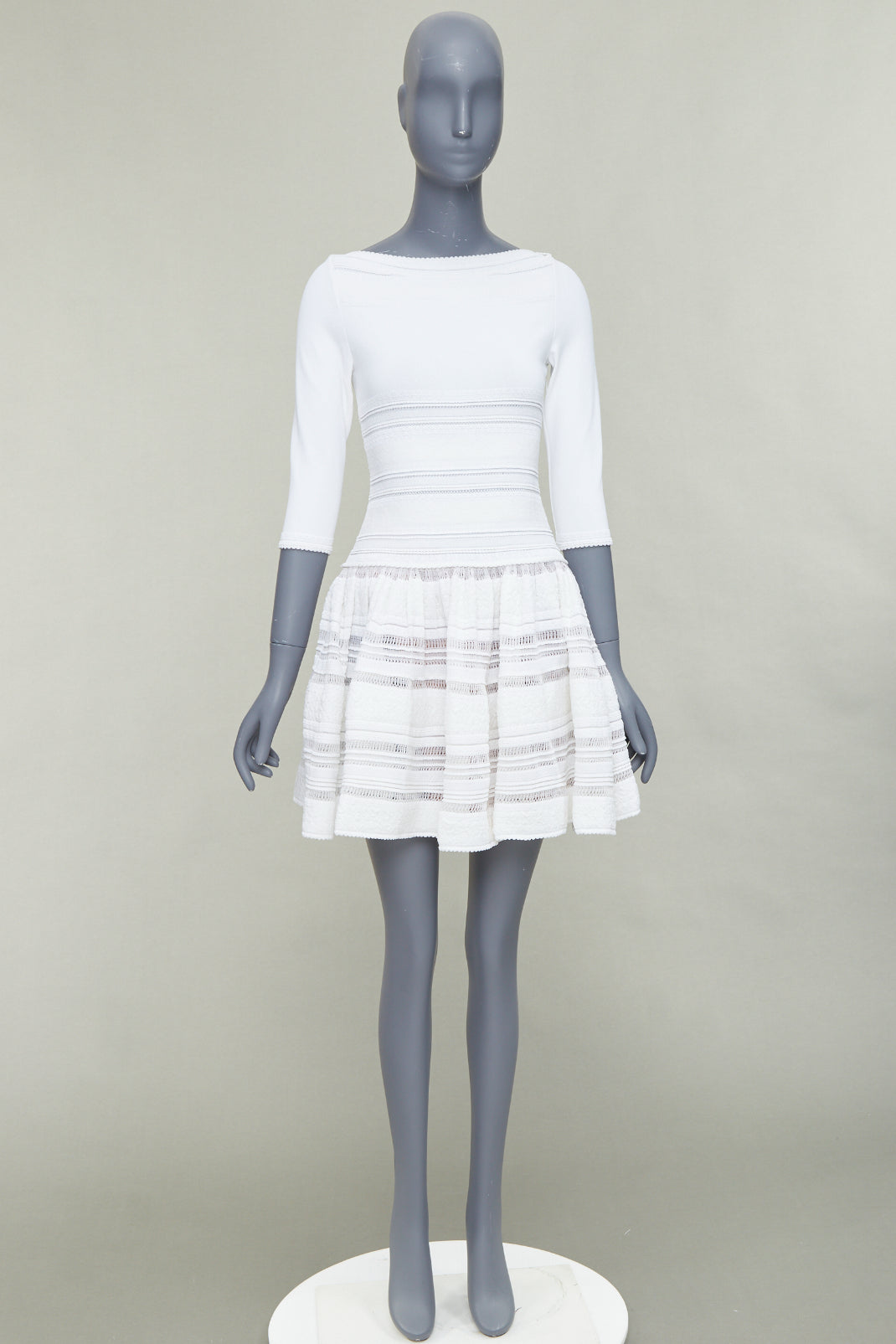 ALAIA cream viscose blend cropped sleeve bateau neck fit flare dress FR36 S