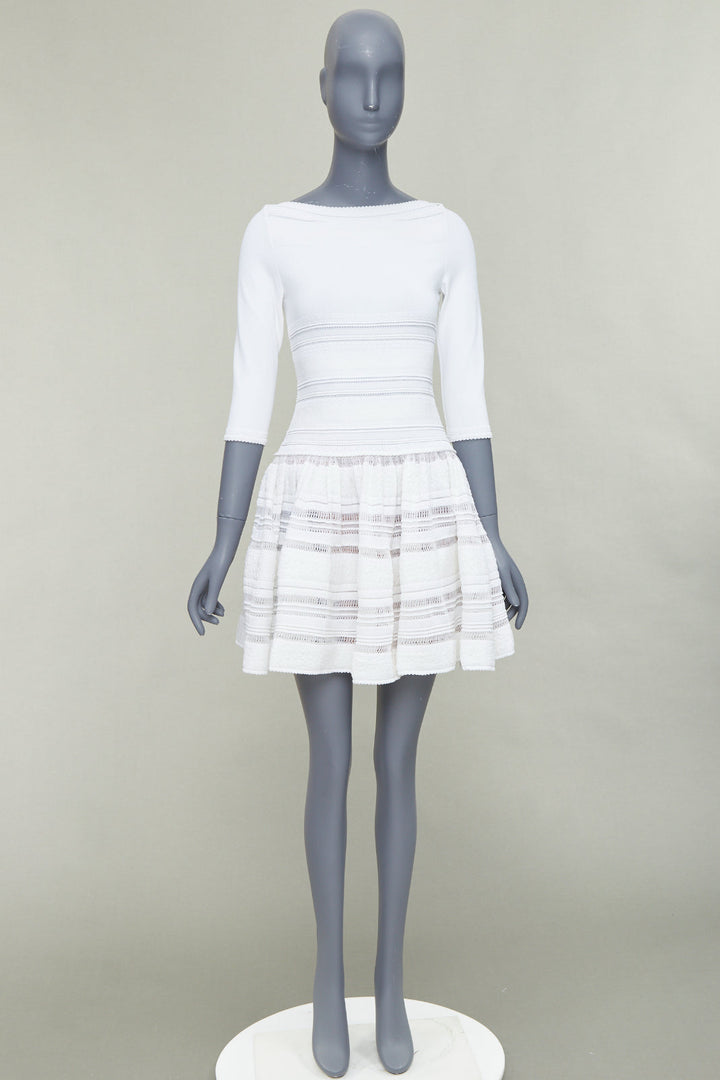 ALAIA cream viscose blend cropped sleeve bateau neck fit flare dress FR36 S