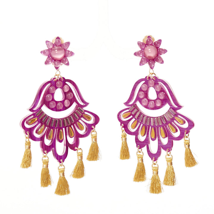 MERCEDES SALAZAR magenta pink acrylic beads gold tassel clip on earrings