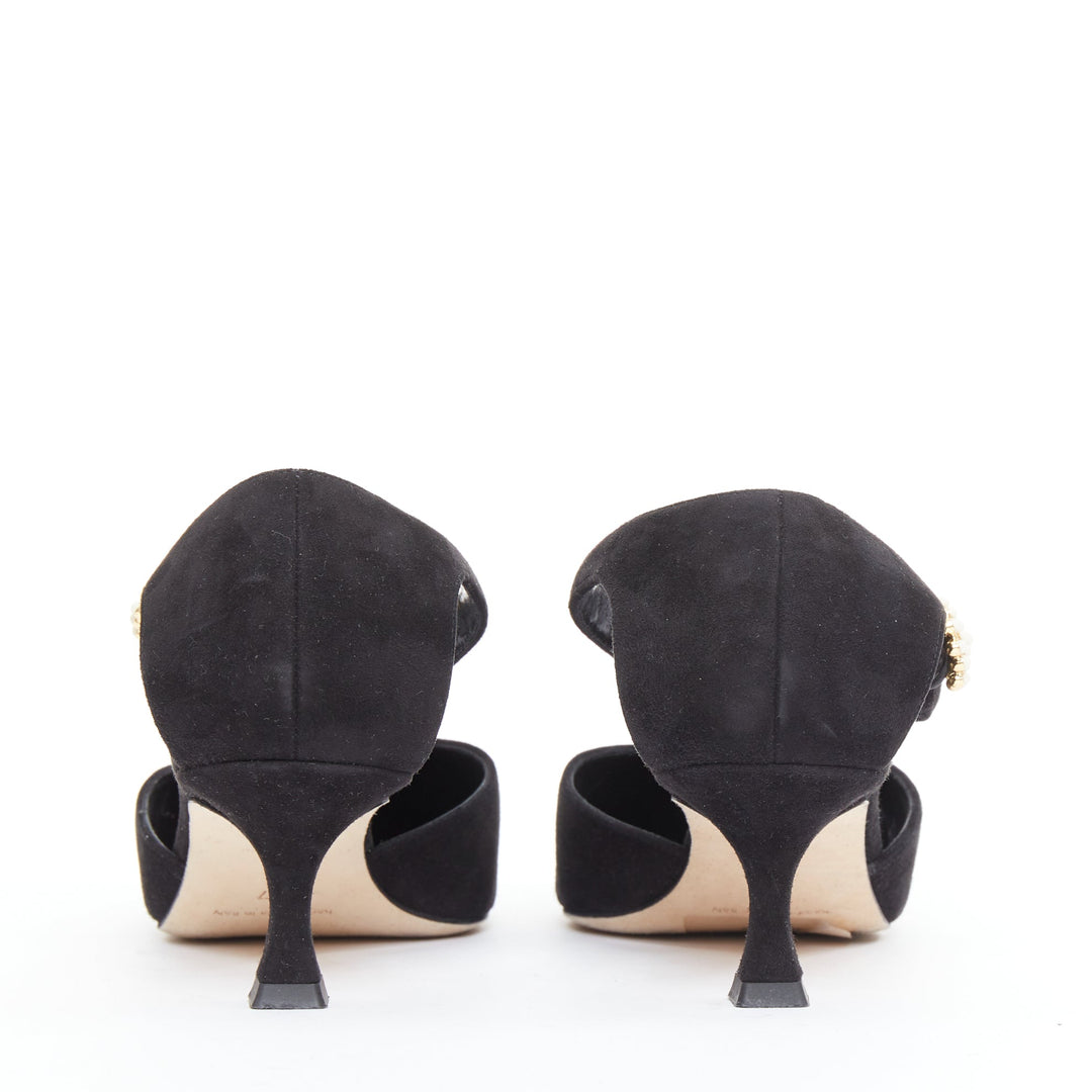 MANOLO BLAHNIK Shufta 50 black suede pearl button kitten heels EU37