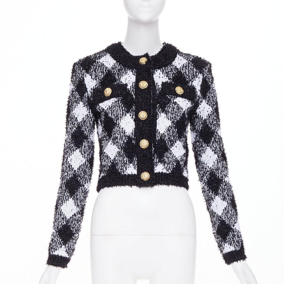 BALMAIN 2023 metallic vichy plaid houndstooth check knit crop cardigan FR34 XS