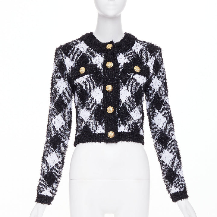 BALMAIN 2023 metallic vichy plaid houndstooth check knit crop cardigan FR34 XS