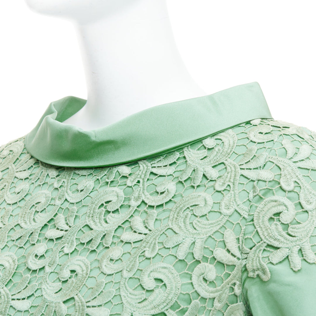 OSCAR DE LA RENTA S12 100%  green cotton lace silk stand collar dress US0 XS