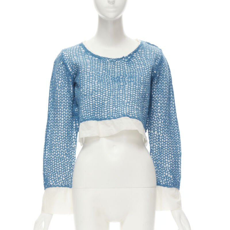 COMME DES GARCONS 1980's Vintage blue wool weave embroidered cropped top M