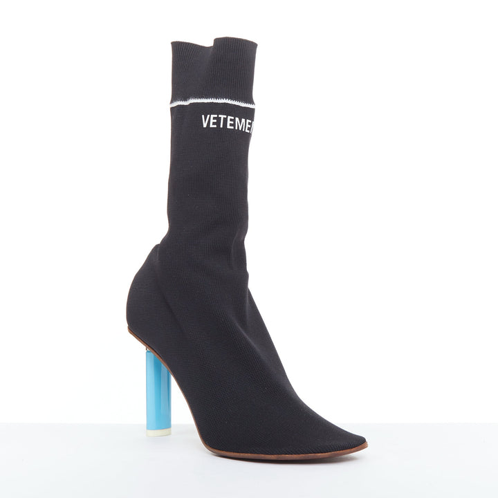 VETEMENTS Demna Blue Cigarette Lighter high heel logo sock knit boots EU37