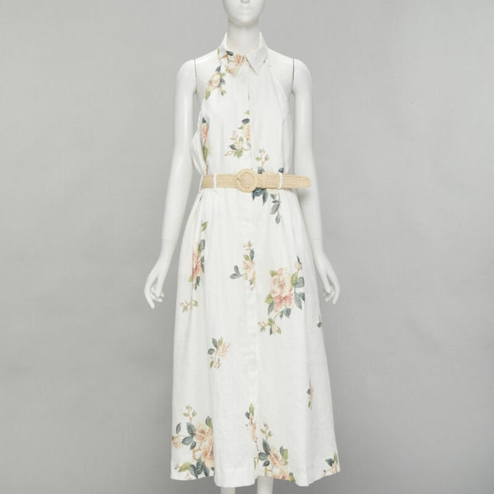 ZIMMERMANN white floral linen raffia braided belt halter backless dress Sz.3 L
