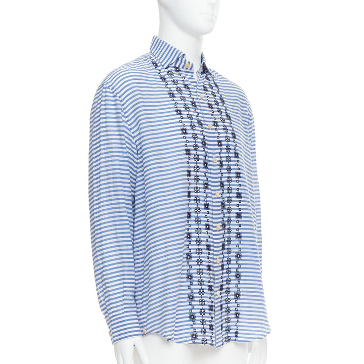 ROMEO GIGLI JOYCE blue cotton silk striped embroidery shirt IT50 L