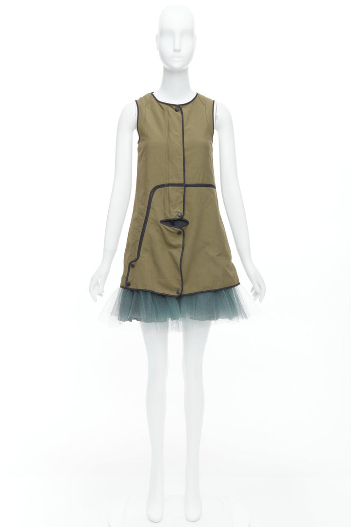 MARNI 2011 khaki utility cutout vest green tulle hem mini dress IT36 XXS