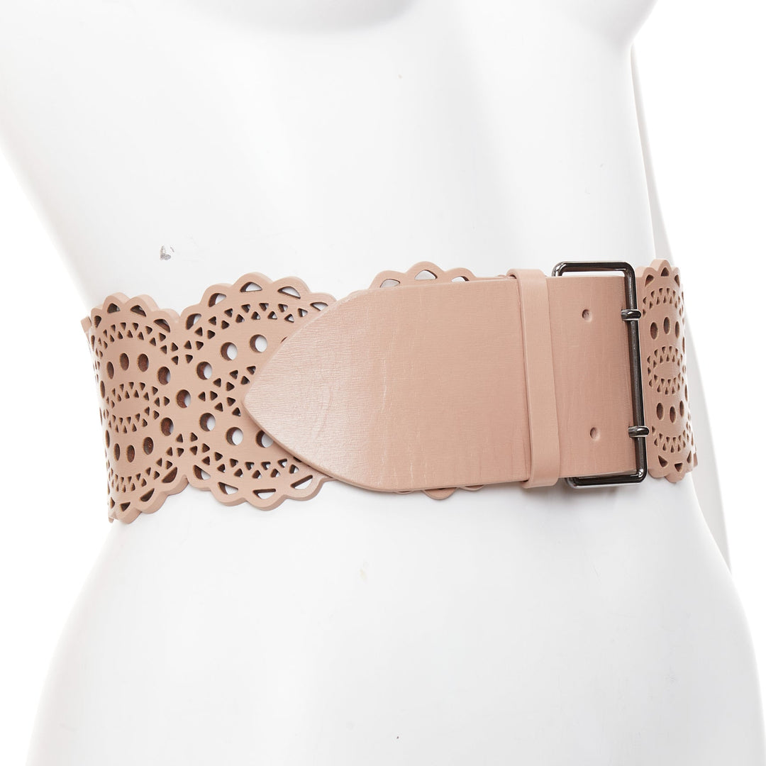 ALAIA nude leather  laser cut out scallop edge wide belt 65cm