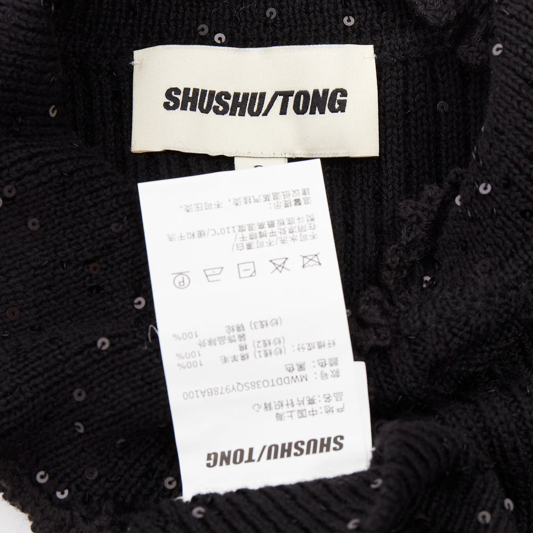 SHUSHU TONG black sequinned knit collared red logo rib crop vest UK6 XS