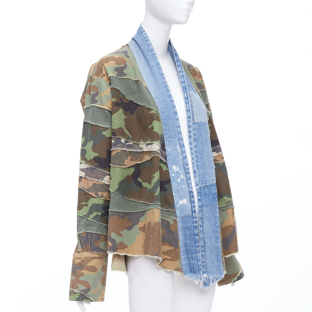 GREG LAUREN Camo Mixed GL1 green blue denim patchwork jacket Sz1