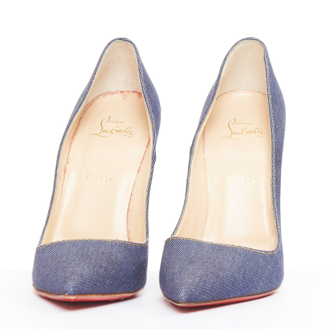 CHRISTIAN LOUBOUTIN So Kate 120 blue indigo denim white heel pumps EU39.5
