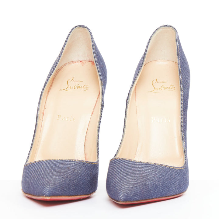CHRISTIAN LOUBOUTIN So Kate 120 blue indigo denim white heel pumps EU39.5