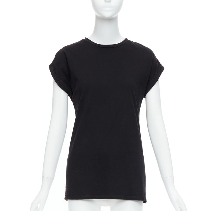 BALMAIN black cotton rolled cuff cap sleeve minimal tshirt FR34 XS