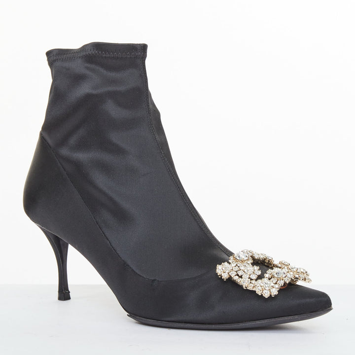 ROGER VIVIER Flower Strass black silk satin crystal buckle sock booties EU40