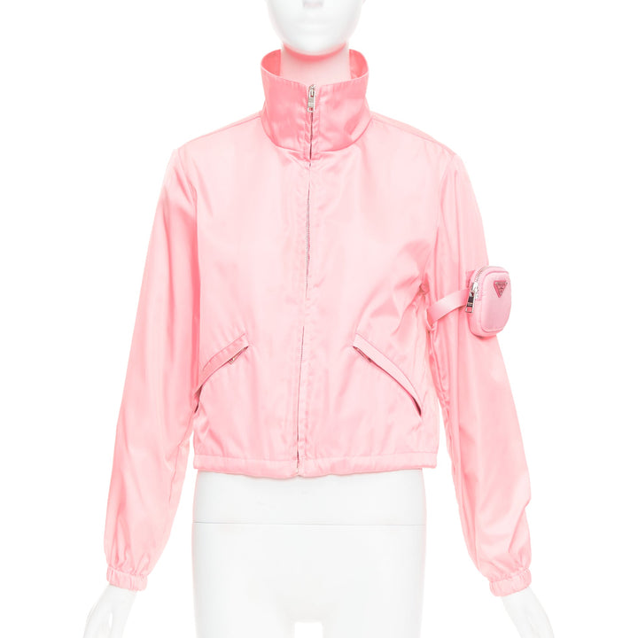 PRADA 2020 Re-Nylon pink nylon logo triangle pouch crop anorak IT38 XS