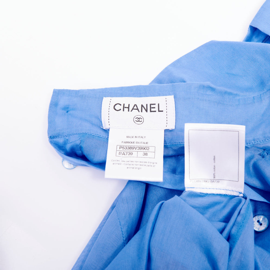 CHANEL sheer panel blue cotton double breasted epaulet button shirt FR38 M