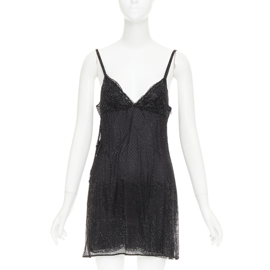 PRADA 2022 black rhinestone crystal degrade embellished mini slip dress IT40 S