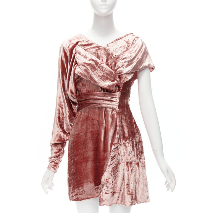 MICHAEL VAN DER HAM Runway pink velvet asymmetric wrap draped mini dress UK8 S