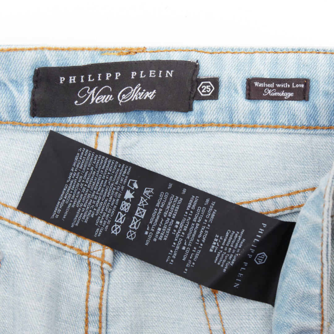 PHILLIP PLEIN New Skirt blue cotton stud crystal front zip skirt 25"