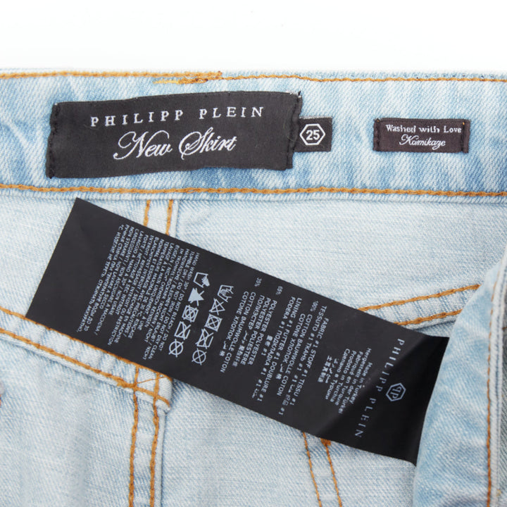 PHILLIP PLEIN New Skirt blue cotton stud crystal front zip skirt 25"