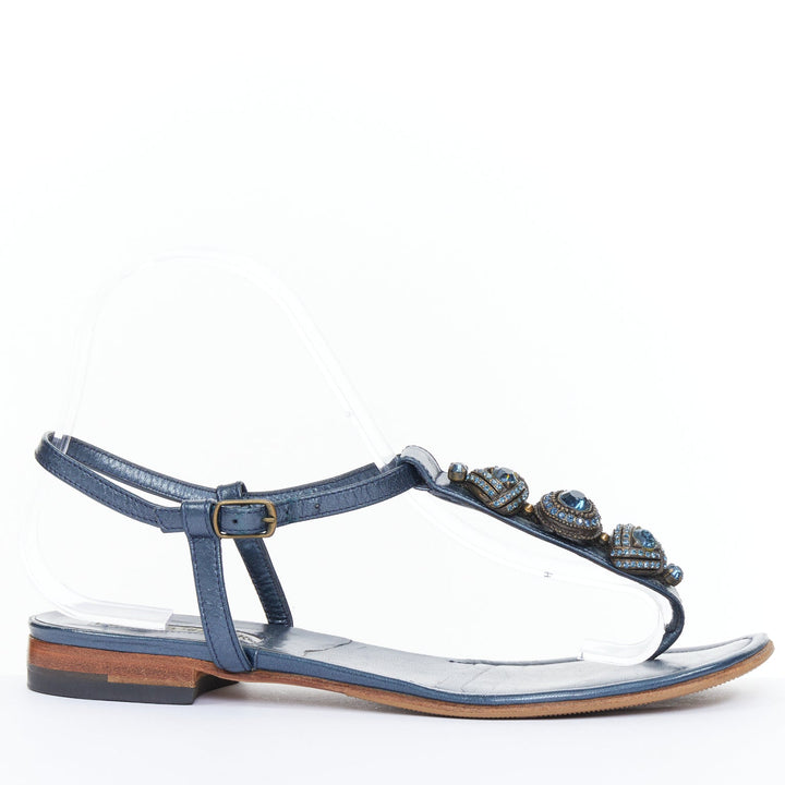 MANOLO BLAHNIK Vintage blue metallic jewel embellished tstrap sandals EU37.5