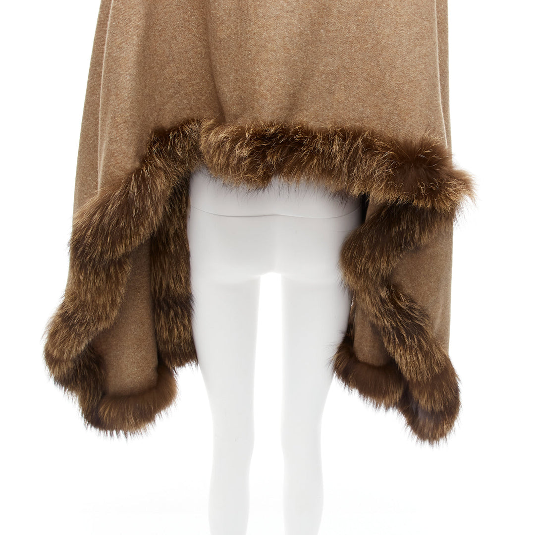 NO BRAND brown real fur trim soft wool rectangular shawl scarf