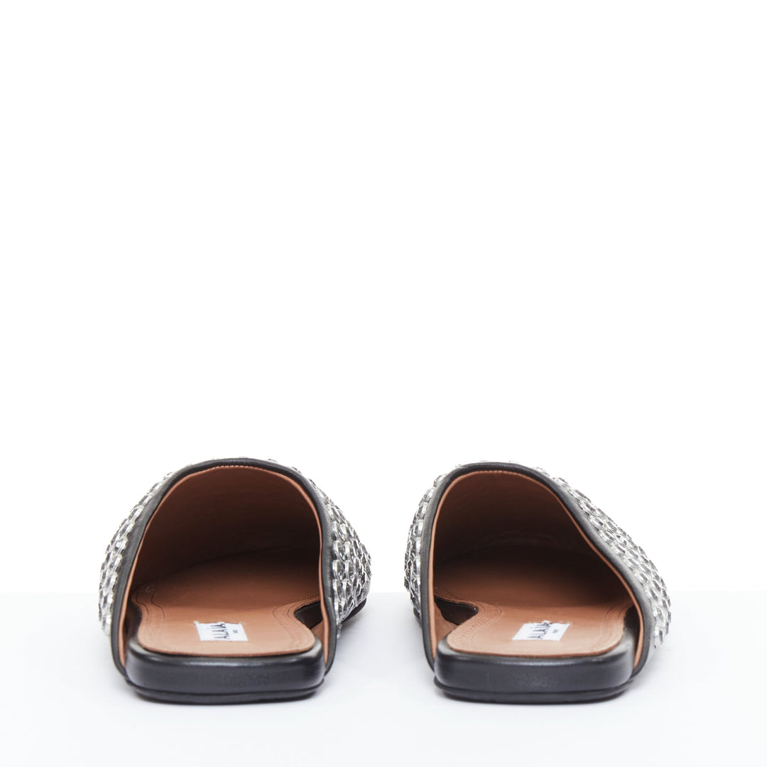 ALAIA Crystal Slide On black leather clear strass embellished flat mule EU38