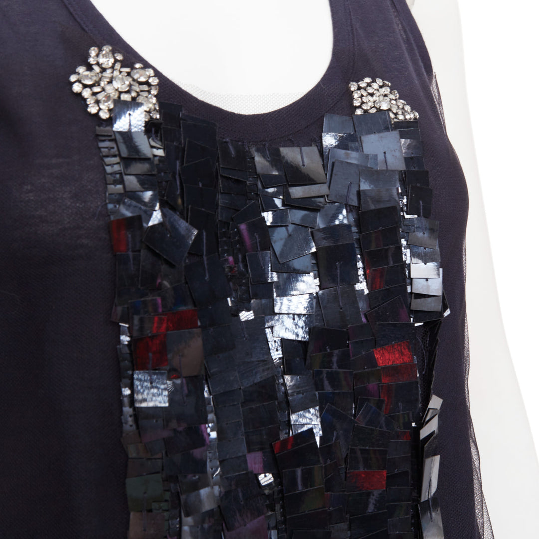 VERA WANG navy cotton silk sheer overlay paillette beaded scoop tank top S