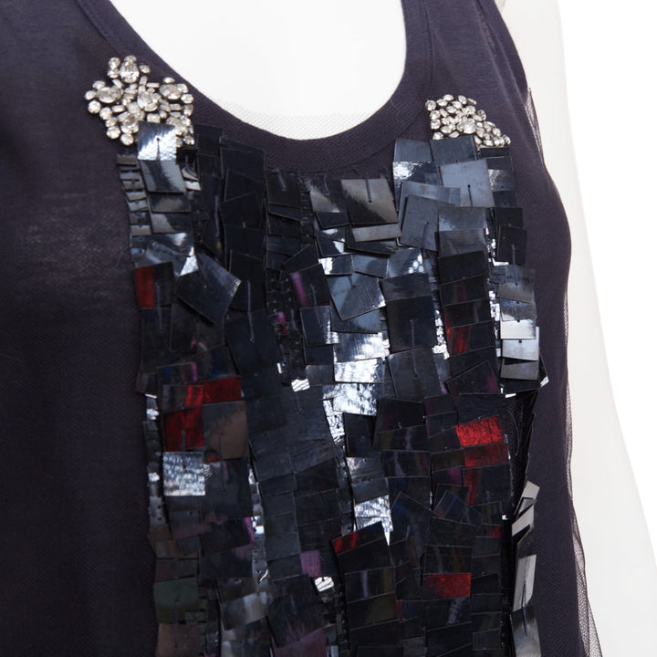 VERA WANG navy cotton silk sheer overlay paillette beaded scoop tank top S