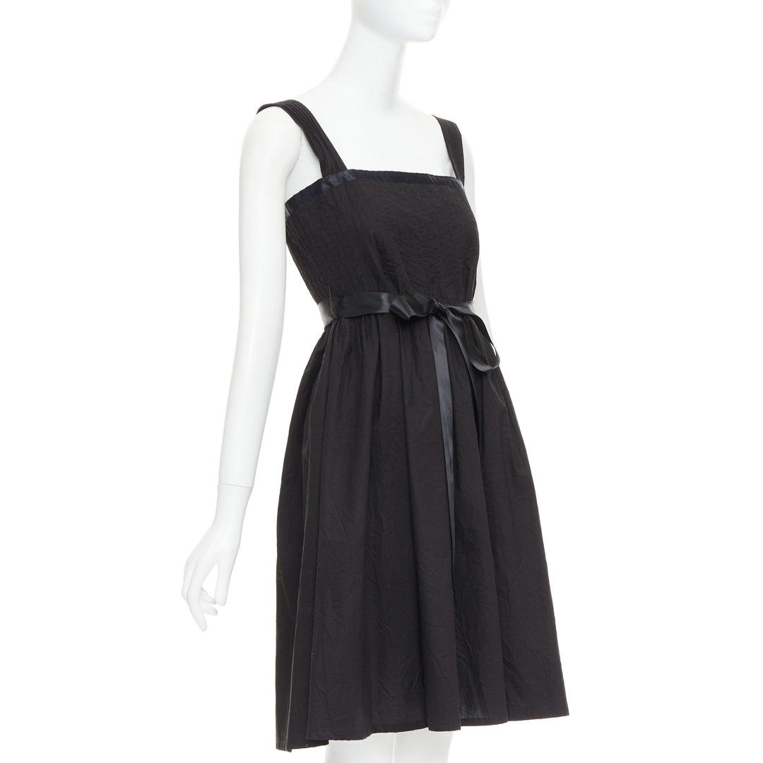 BURBERRY LONDON black cotton pleated waist ribbon tie babydoll dress UK8 S