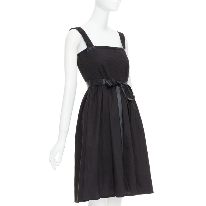 BURBERRY LONDON black cotton pleated waist ribbon tie babydoll dress UK8 S