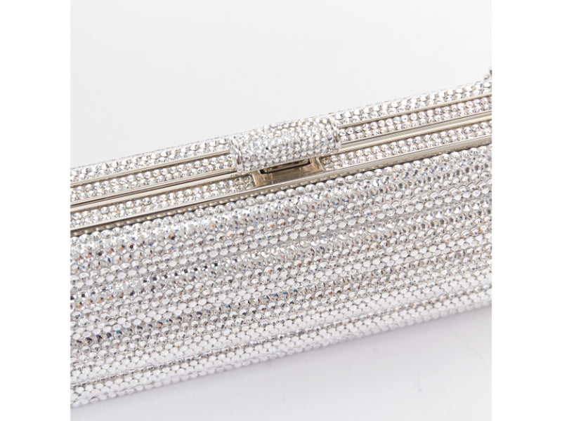 JUDITH LEIBER silver crystal encrusted metal clasp chained minaudiere clutch bag