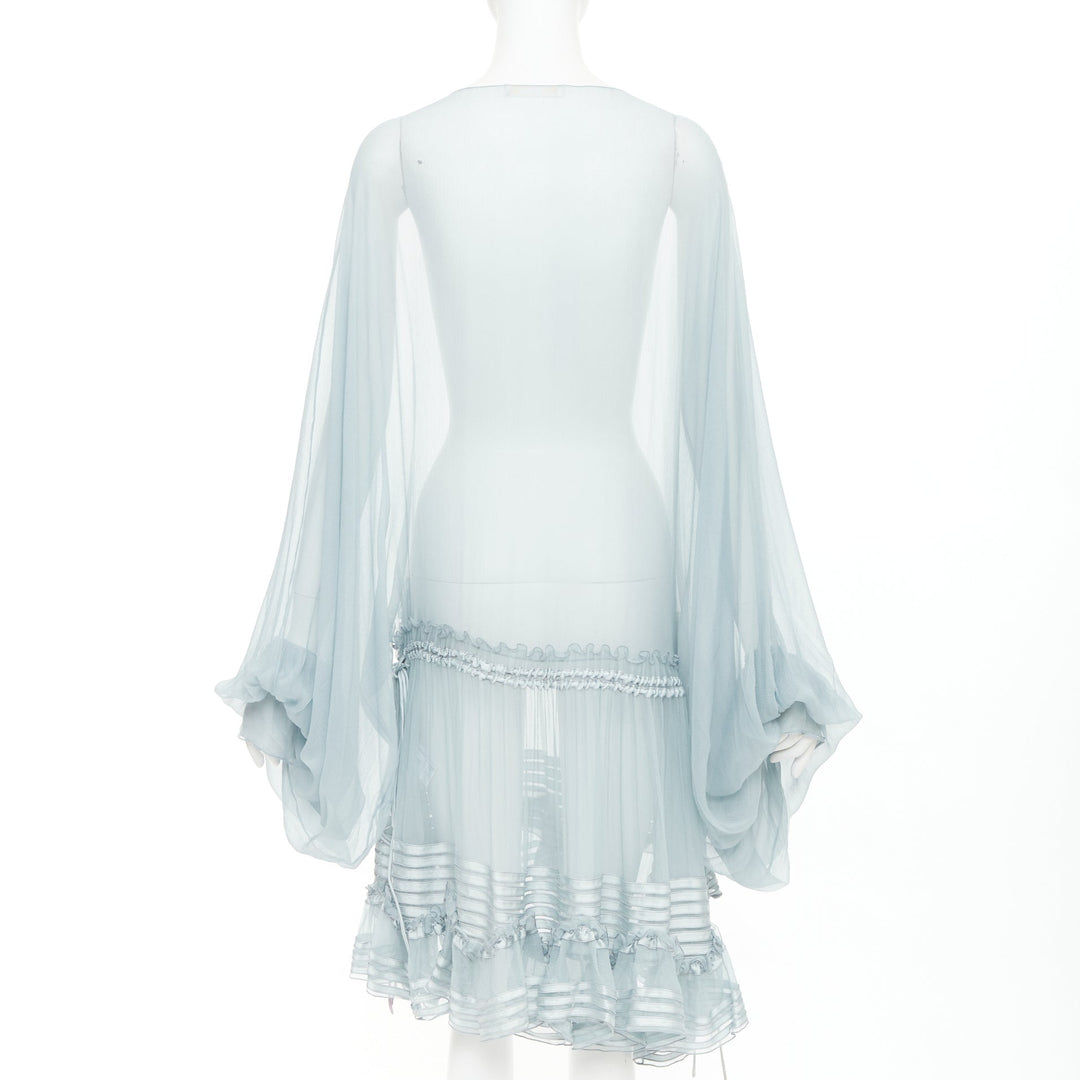 CHLOE 2016 Runway sky blue silk mousselin sheer ruffle drawstring dress FR34 XS