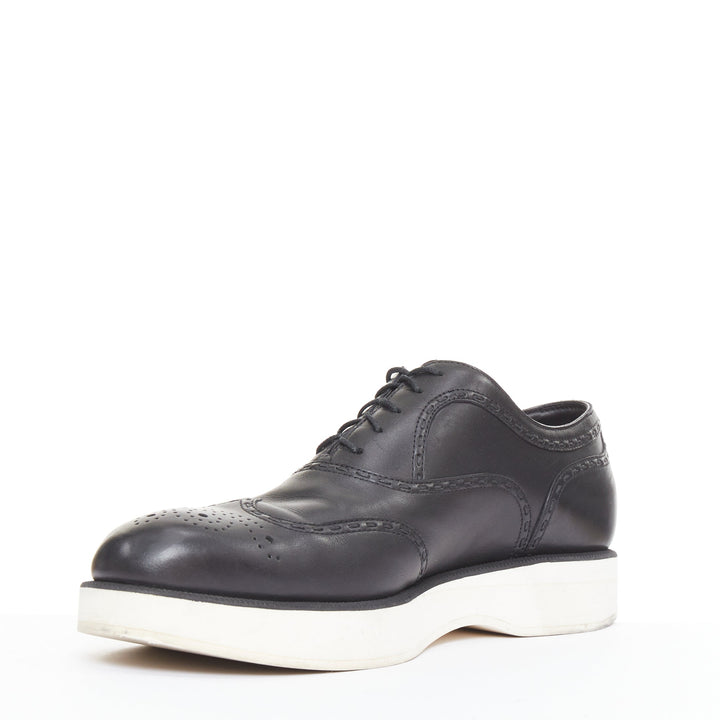 BOTTEGA VENETA black leather white midsoles perforated platform brogue shoe EU43
