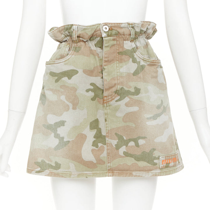 MIU MIU 2019 khaki green washed camo orange logo paperbag waist skirt IT38 XS