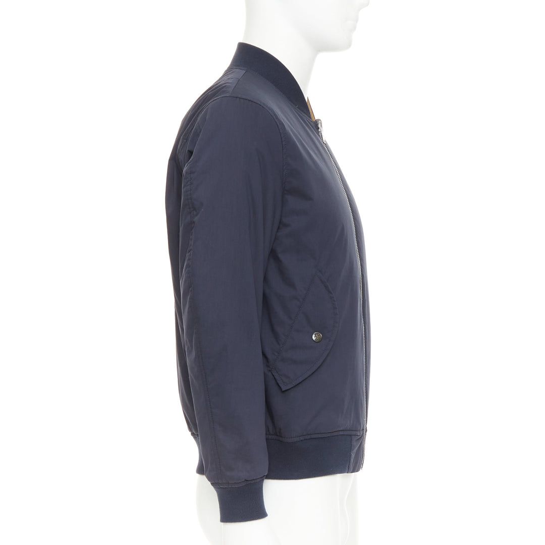 KENT AND CURWEN Reversible navy brown cotton blend zip up bomber jacket M