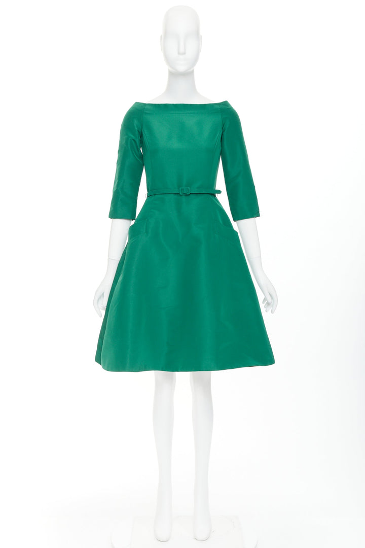 OSCAR DE LA RENTA F17 kelly green  silk taffeta bateau neck belted dress US0 XS