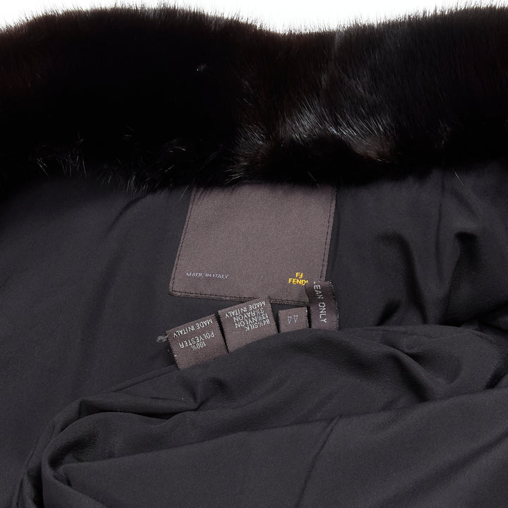 FENDI black fur collar topstitch detail silk belted trench coat jacket IT44 L