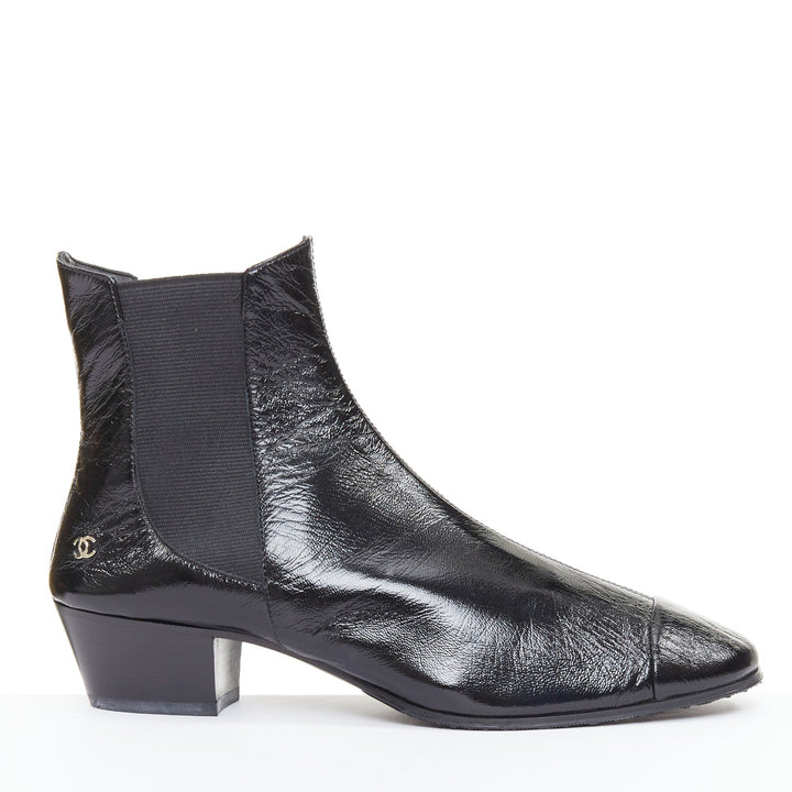 CHANEL 2019 Lami Fantasy black crinkled calfskin gold CC  chelsea boots EU39.5