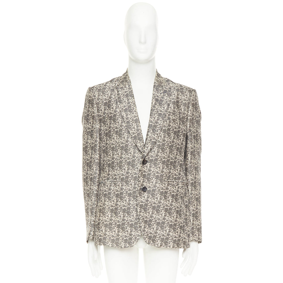 JOHN GALLIANO beige cotton blend grey floral jacquard tapestry blazer EU50 L