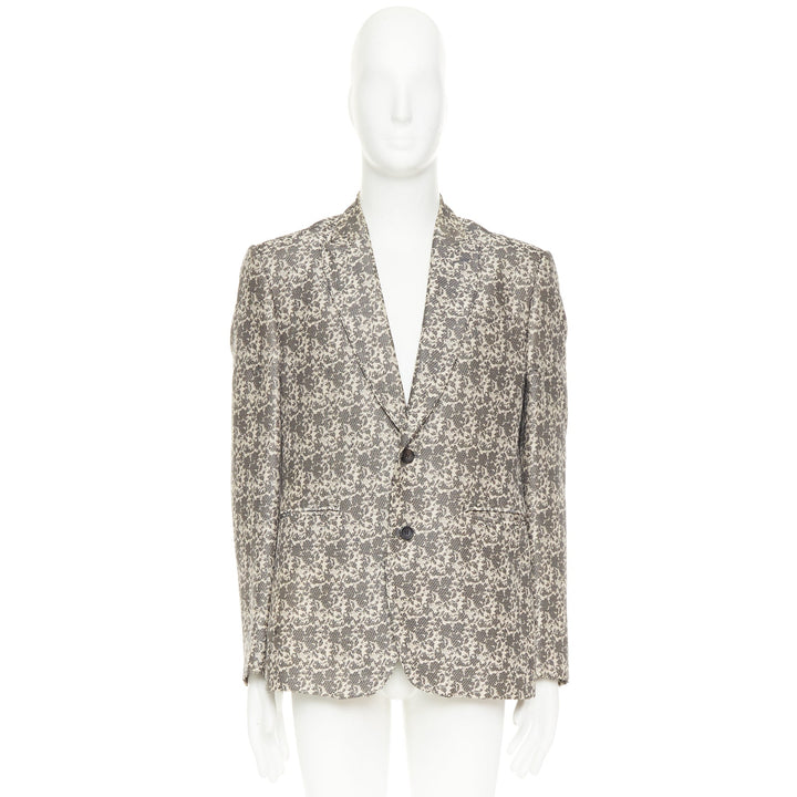 JOHN GALLIANO beige cotton blend grey floral jacquard tapestry blazer EU50 L