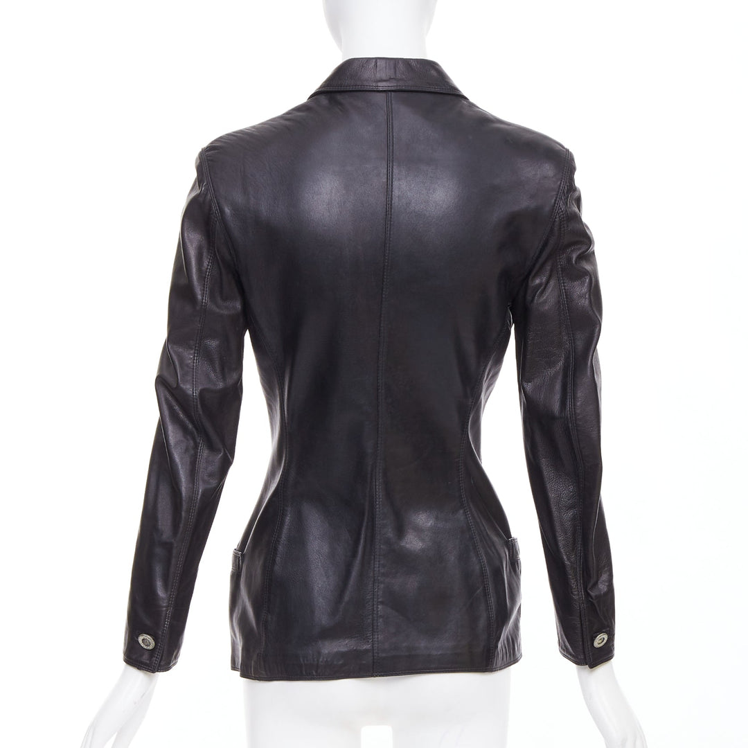 GIANNI VERSACE 1995 Vintage black lambskin silver Medusa hourglass jacket IT40 S