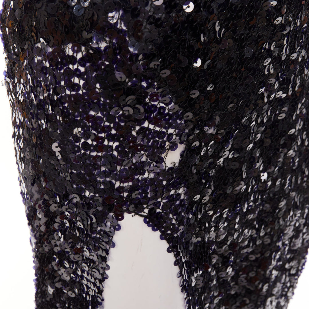 rare ALEXANDRE VAUTHIER navy sequinned gold crystal pave collar high slit gown