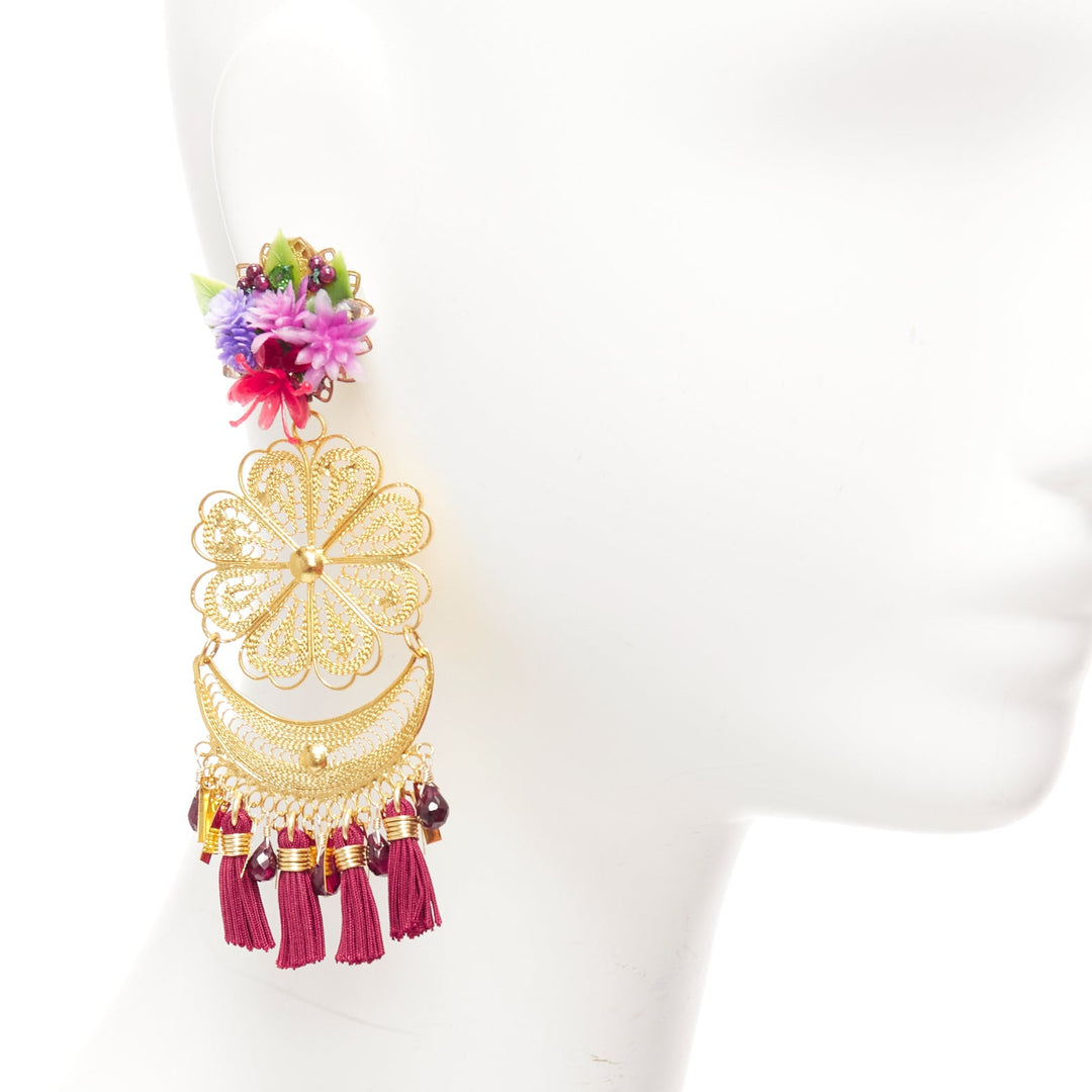 MERCEDES SALAZAR gold flower metal red tassel plastic clip earrings Pair