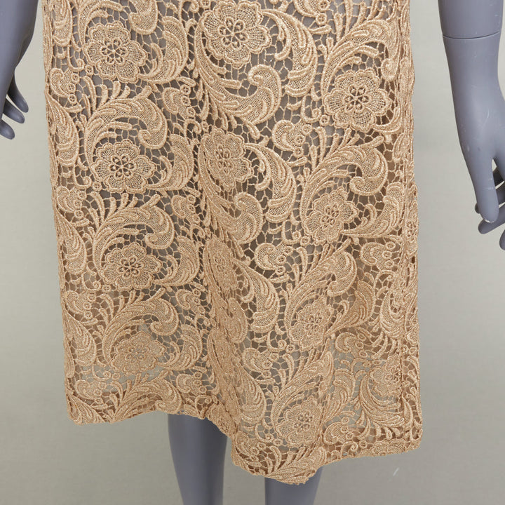 PRADA 2008 Vintage gold metallic 3D guipure lace cap sleeve dress IT38 XS