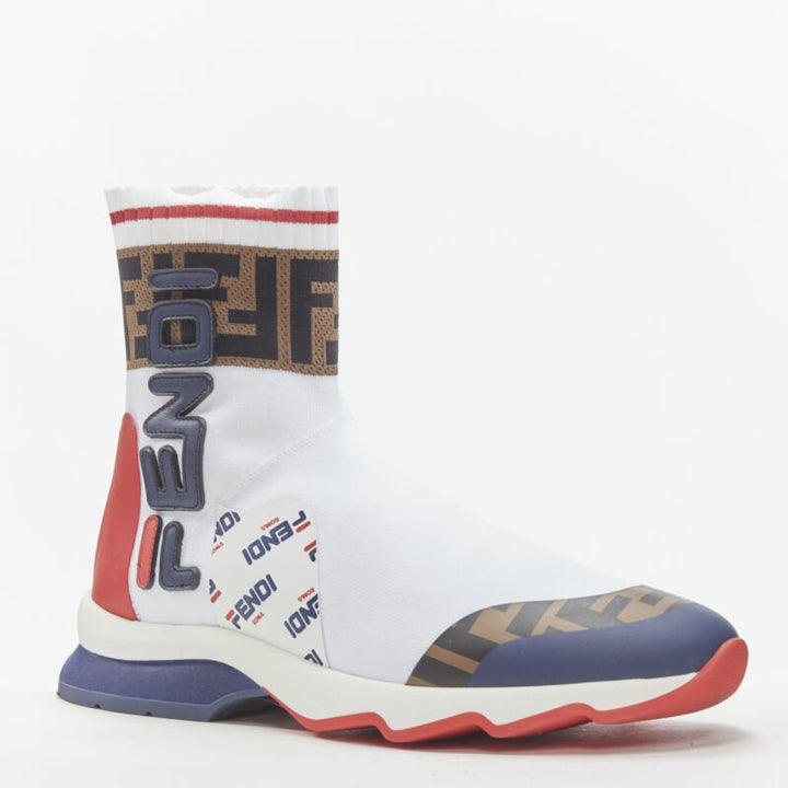 FENDI FILA Mania white logo lettering Zucca FF sock knit high top sneaker EU35