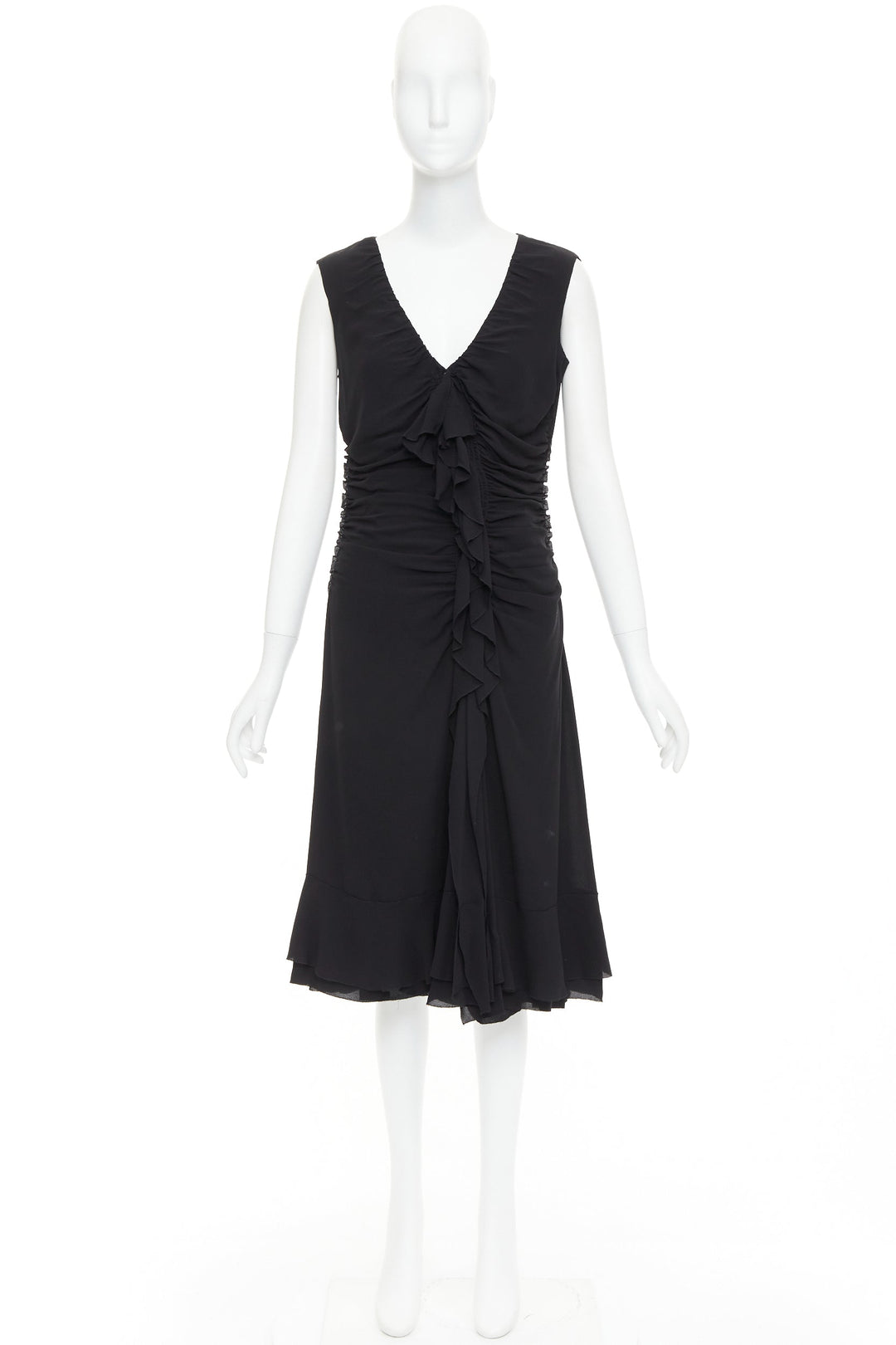 PRADA Vintage black silk ruched ruffle front V neck dress IT44 L